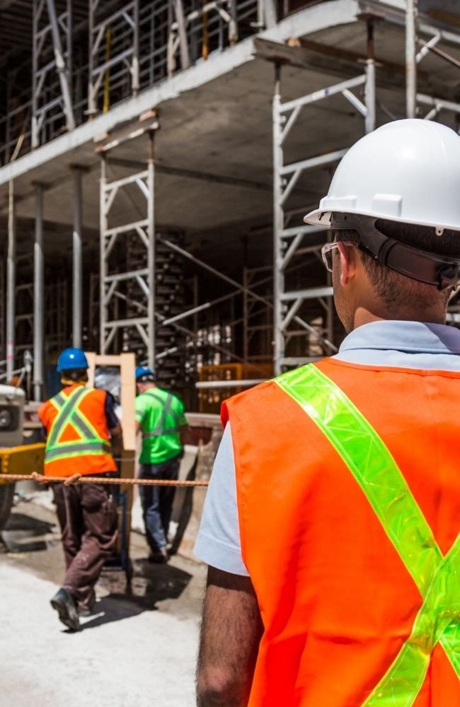 Construction workers at building site, wearing safety gear.