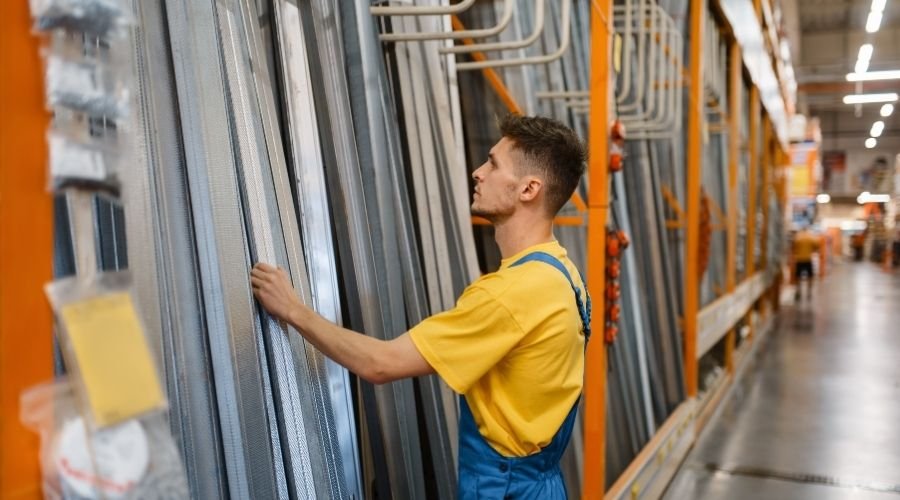 Worker organizing metal panels in warehouse.