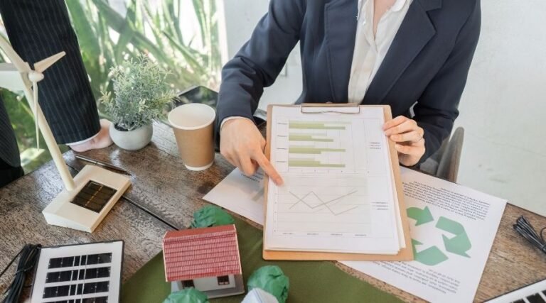 Person discussing eco-friendly business strategies.
