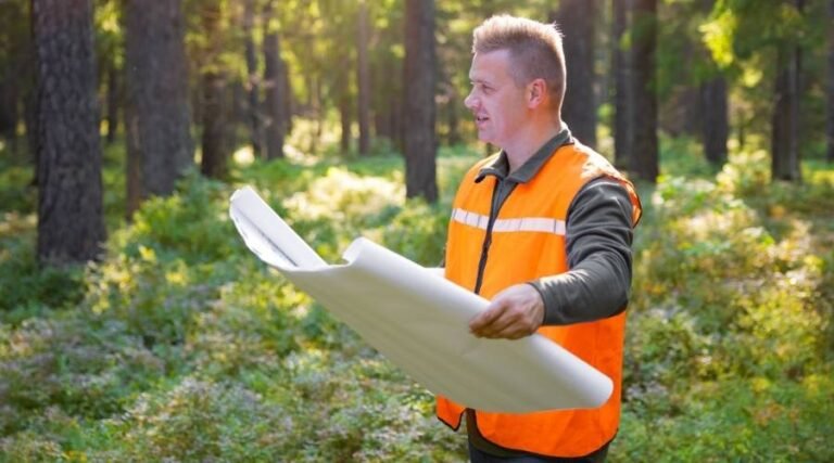 Man in forest holding a map, wearing safety vest.
